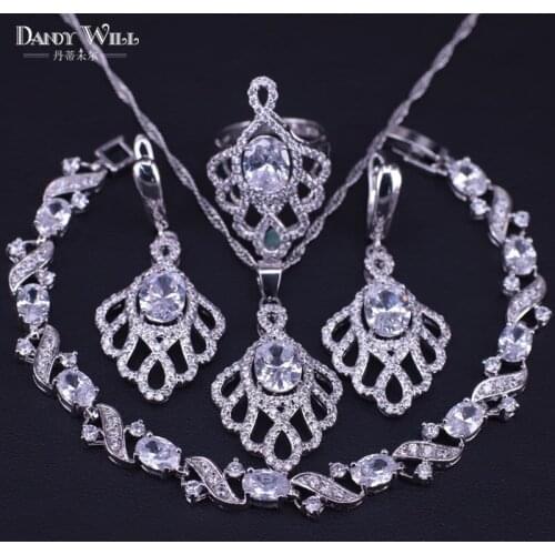Royal White Crystal & Cubic Zircon Silver Color Jewelry Set Bracelet Earrings Rings Necklace Set Women Bridal Jewelry