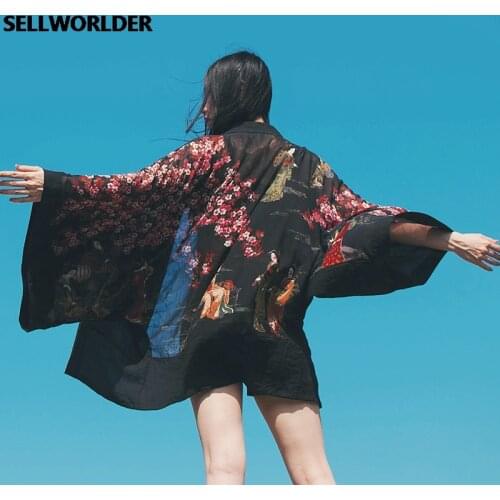 2021 Woman Japanese Kimono Style Sakura Maids Garden Coat sun Protection Shirt Super Loose short Top