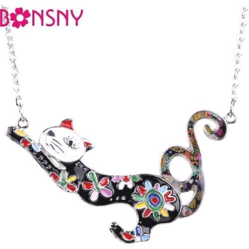 Bonsny Statement Maxi Alloy Enamel Cat Choker Necklace Chain Flower Pets Pendant Collar 2017 Fashion New Enamel Jewelry Women