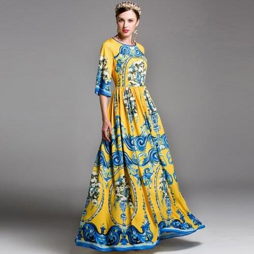 Maxi Dress Woman S-L Spring New Fashion Printed Round Neck Slim Waist Flare Sleeves Big Swing Long Dress Elegant Yellow