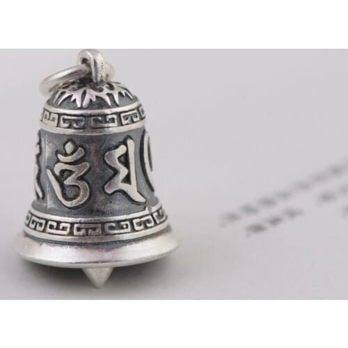100% 990 Silver Tibetan Six Words Bell Pendant vintage pure silver Buddhist OM Mantra Bell Pendant Good Luck Amulet