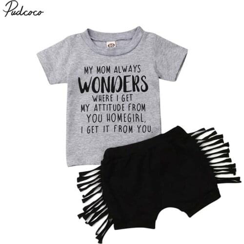 2019 Brand Toddler Kids Baby Girl Summer Outfit Casual Clothes Letter T-shirt Tops+Tassel Short Pants 2PCS Set