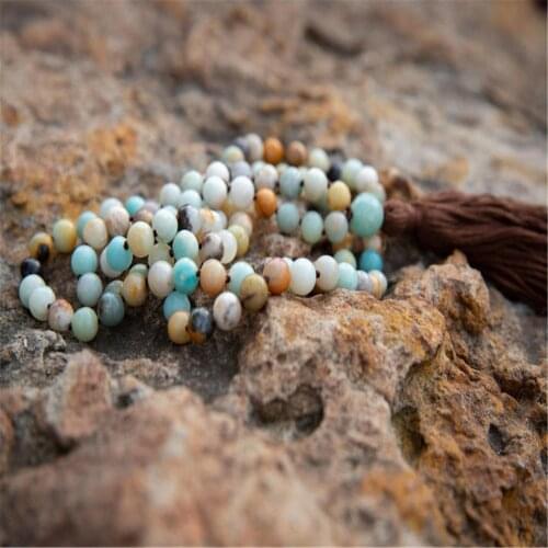 8mm Amazonite Gemstone 108 Beads Mala Tassel Necklace Tibetan Retro Chakra Yoga Wristband Spiritua Religious