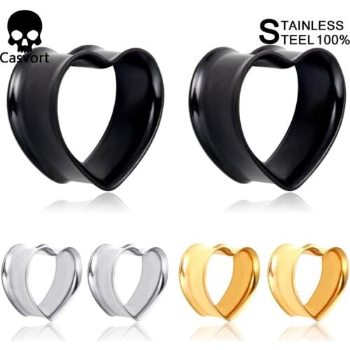 Casvort 2 PCS Stainless Steel Heart-Shaped Double Flared Ear Tunnels Plugs Stretcher Expander Sold As Gauge 6mm-30mm