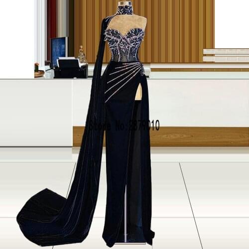 Arabic Style Black Straight Evening Dresses Floor Length Sexy See Through Beading Evening Gowns 2021 Formal Party Dress