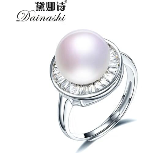 Dainashi High Quality 925 Sterling Silver Round Zircon Crystal Adjustable Ring 100% Genuine Freshwater Pearl Ring Party Gift