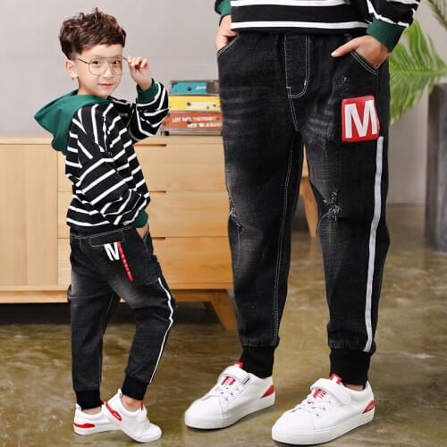Elastic Trousers Full Length Appliques 2019 Big Boys Jeans Cotton Fashion Teen-age High Quality boy pants Size 100-160