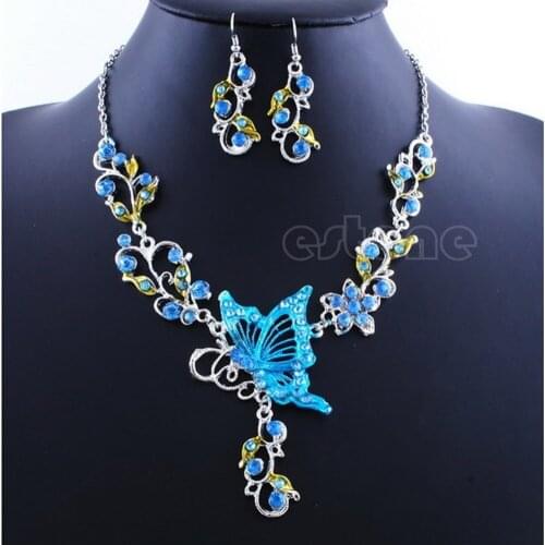 Hot Sale Wedding Party Crystal Rhinestone Necklace Earrings Butterfly Jewelry Flower Sets
