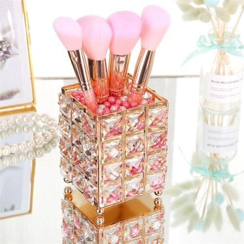 Crystal Glass Makeup Organizer Luxury Metal Cosmetic Bresh Pot Modern Bling Pen Pot Pencil Holder Home Decoration