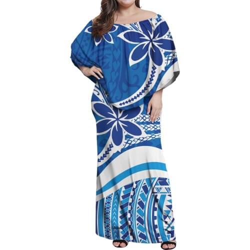 Hycool 2021 Blue Polynesian Frill Dress With Shawls Custom Hibiscus Print Ruffle Maxi Dress Wholesale Women Off Shoulder Dresses