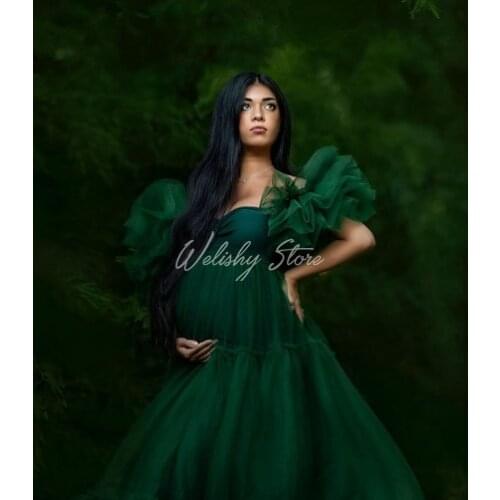 Emerald Dark Green A-Line Draprd Long Tulle Maternity Robes Women Custom Made Long Tulle Dresses Photo Shoot Party Gowns vestido