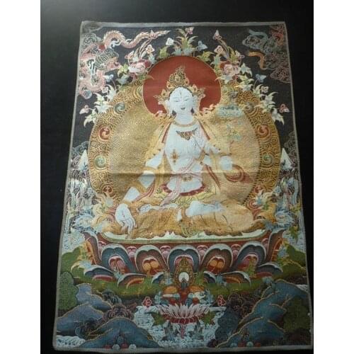 Collection Chinese Exquisite Tibet Tibetan Buddhist Silk Inwrought Buddha Guanyin Thangka Exquisite Gift