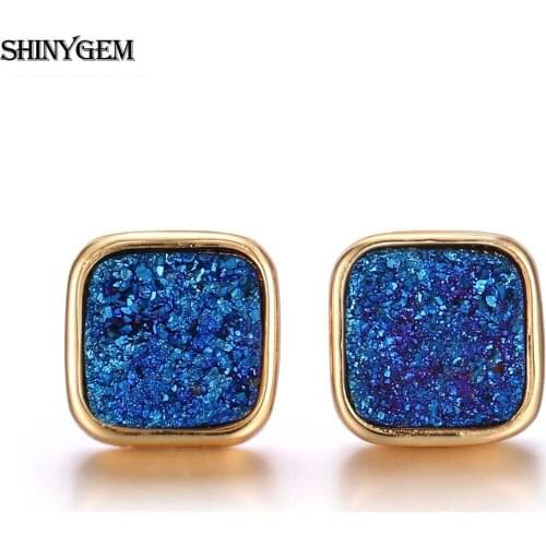 ShinyGem Fashion 10mm Square Natural Crystal Quartz Earrings Sparkling Colorful Gold Plating Bezel Stud Earrings For Women Gift