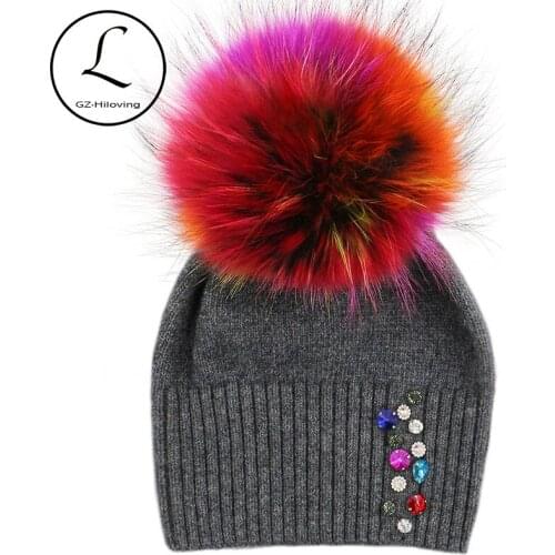 GZHILOVINGL 2017 New High Quality Women Winter Diamond Knitted Wool Hat Winter Skullies Beanies Fashion Winter Fur Pom Pom Hats