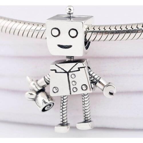 Original Rob Bot Moveable Arms And Legs And A Rose Beads Fit 925 Sterling Silver Bead Charm Bracelet Bangle Diy Jewelry