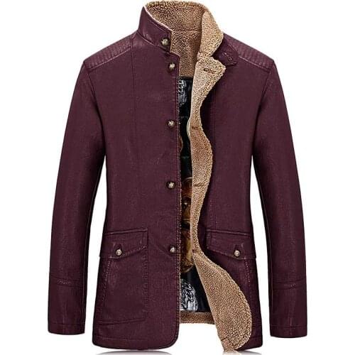 Autumn Winter Warm Fleece PU Leather Jacket Men Casual Trenchcoat Windbreaker OUTWEAR Coat Red Faux Fur Male Clothes Plus Size