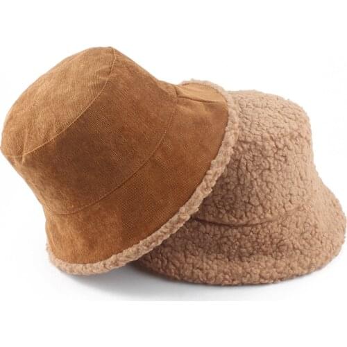 Corduroy Reversible Bucket Hat Winter Lamb Wool Hats For Women Men Panama Fishing Cap Flat Top Fisherman Hat