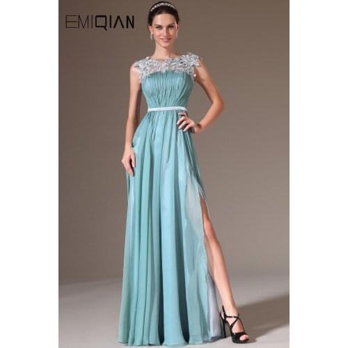 Freeshipping A Line Scoop Neck Beaded Appliques High Slit Evening Dress