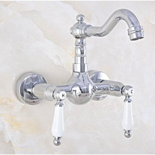 Polished Chrome Brass Wall Mounted Bathroom Kitchen Sink Faucet Swivel Spout Mixer Tap Dual Ceramics Handles Levers mnf562