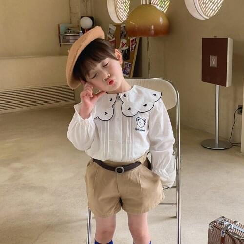Spring Autumn girls cute cartoon bear embroidery white shirts baby girl cotton casual turn-down collar shirt