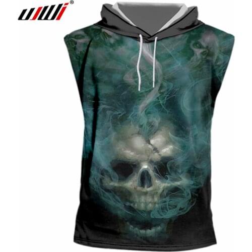 UJWI Dropshipping T-shirts Men Summer Cool Print Smoking Gold Skull Sleeveless Hooded Tshirt Homme Hip Hop Punk Style Undershirt