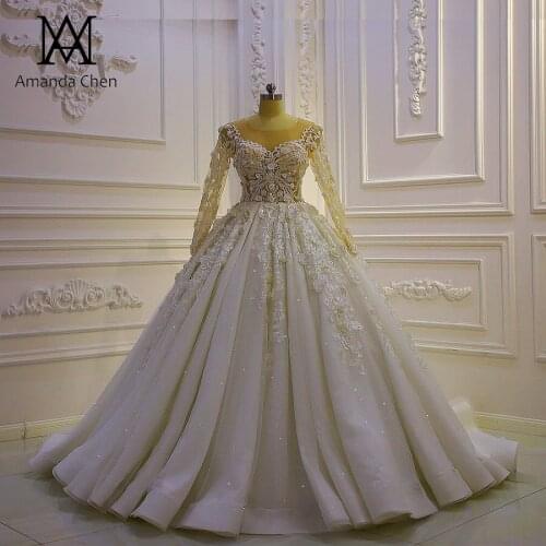High Quality Long Sleeves Lace Applique Flowers Wedding Dress