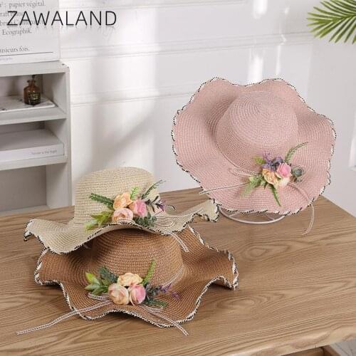 Zawaland 2021 Summer Beach Sun Hats Casual Flower Straw Hats Outdoor Sports Caps Sun Protection Domed Brim Cap Headwear Decor