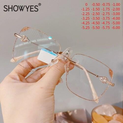 Oversized Anti Blue Light Filter Rimless Glasses Myopia Women Eyeglasses Optical Rhinestone Lady Rose Diamond Cutting Eyewear