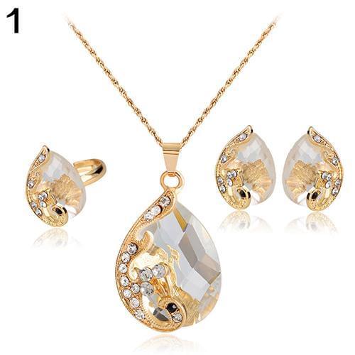Womens Rhinestone Pendant Necklace Earrings Ring Party Wedding Jewelry Set womens costume jewelry
