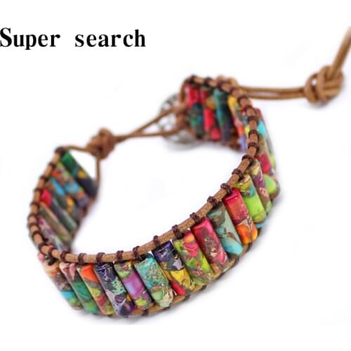 Natural Stone Single Leather Rope Wrap Bracelet Bohemian Bracelet Women Tube Shape Colorful Beaded Couples Bracelet Dropshipping