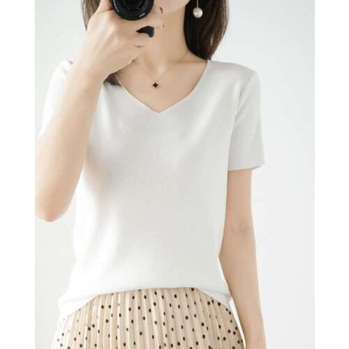 2021 summer new short-sleeved womens V-neck pullover, thin top, breathable and cool