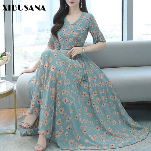 Women Elegant V-Neck Floral Printed Chiffon Dress Summer Holiday Bohemian Beach Long Dress Female Plus Size 4XL Lace Up Vestidos