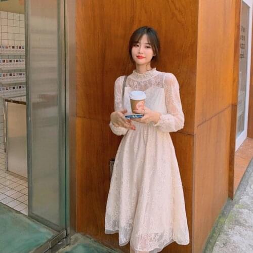 Lace Puff Sleeve Dresses For Women 2021 Autumn Vintage A-Line Mandarin Collar Patry Dresses Elegant Ladies Mid Calf Inner Skirt