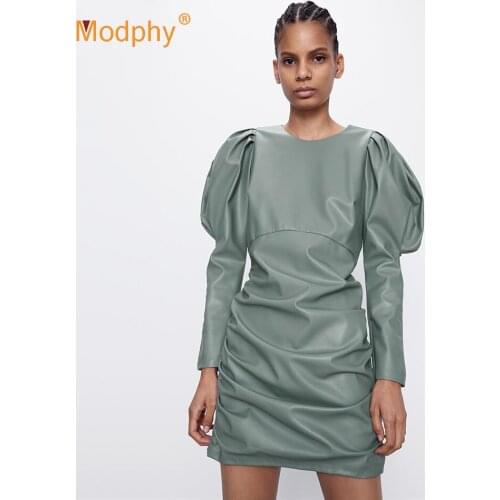 Long Puff Sleeve PU Leather Dress Womens Pleated Mini Club Celebrity Party Runway Dress Female 2020 Fall Fashion New