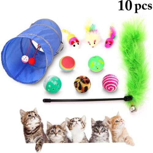 10Pcs/Set Cat Toy Pet Kit Collapsible Tunnel Cat toy Fun Bell Feather Mice Shape Pet Kitten Dog Cat Interactive Play Supplies