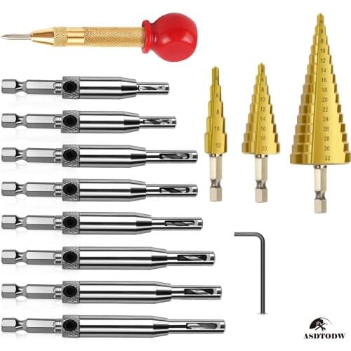 13PCS Woodworking Drilling Tools Hinge Window Cabinet Hinge Drill Hole OpenerTitanium Coated Step Drill Bit Center Punch