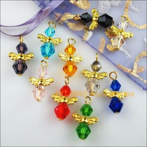 20Pcs Gold Color Wings Mixed Crystal Beads Angel Charms Pendants 14x23mm