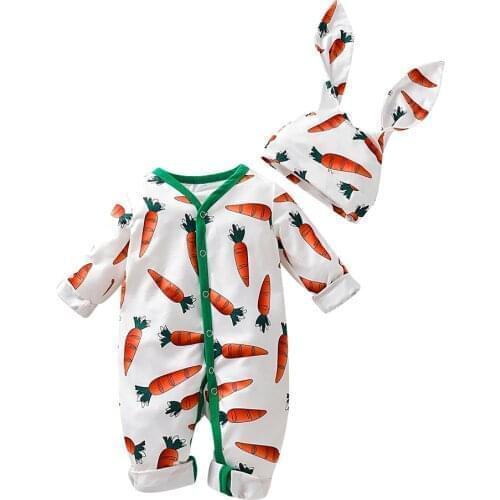 2020 easter baby girl clothes Set Infant Baby Boys Girls Cute Cartoon Carrot Print Romper+rabbit bunny Ears Hat easter outfits