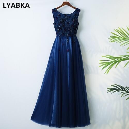 2020 Navy Blue Tulle With Appliques Evening Dress Formal Gown Robe de Soiree Scoop Neck Evening Dresses Long Vestido De Festa