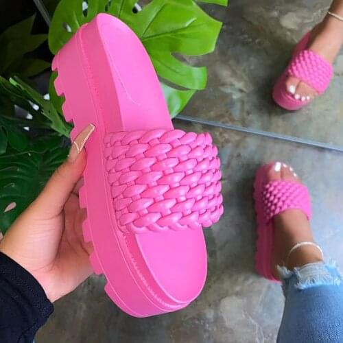 2021 Summer Sandals Open Toe Mid Heel Fashion Woven Slippers Solid Color Outdoor Womens Shoes Plus Size 43