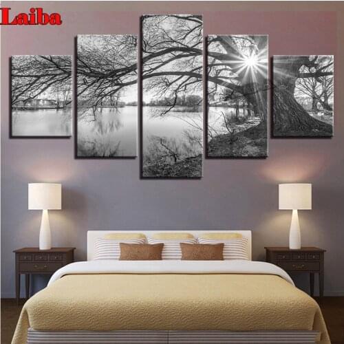 5 Pcs Lakeside Big Trees diamond painting mosaic Black White Landscape full square round 5d diy cross-stitch diamond embroidery