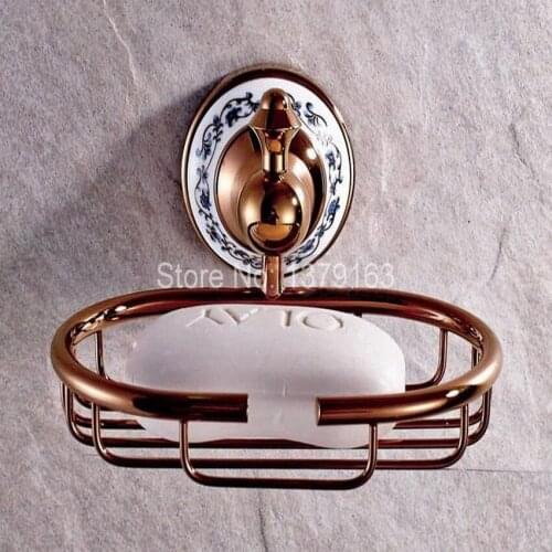 Bathroom Accessory Ceramic Flower pattern Rose Golden Brass Wall Mounted Bathroom Soap Basket Dish Holder aba390