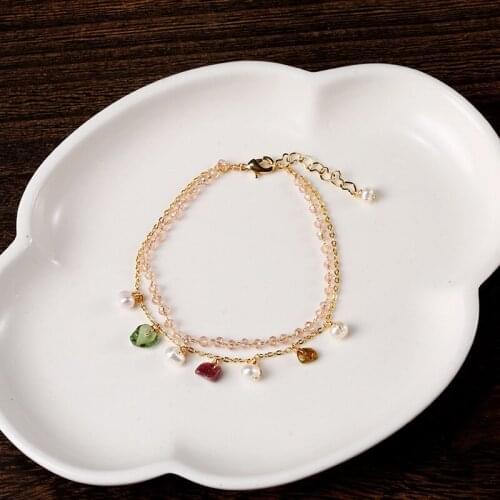 Healing Reiki Irregular Multicolor Natural Tourmaline Pearl Crystal Bracelet for Women Girl 14K Gold Filled Double Layer Bangle