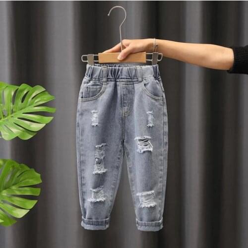 2-6Y Children Ripped Hole Jeans Pants 2021 New Spring Autumn Kids Broken Denim Trousers For Baby Boy Girl Jeans Size:90-130
