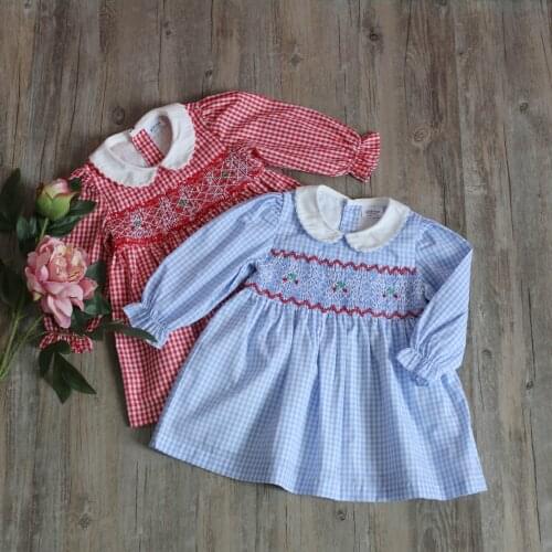 Toddler birthday dress long sleeve Peter pan color smocking cherry pattern toddler girls dress baby birthday outfits
