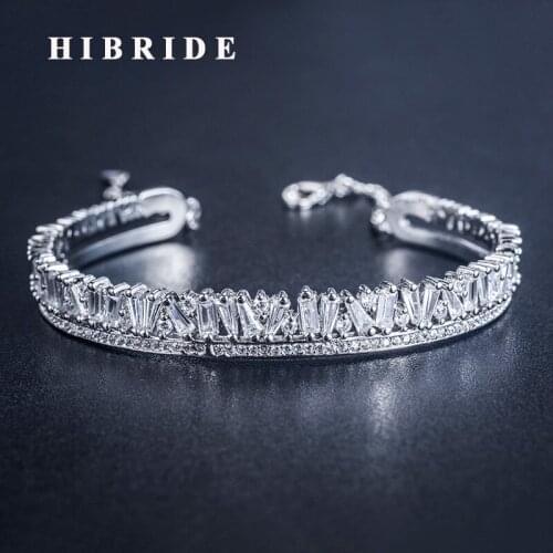 HIBRIDE Luxury Design BrillianT Cubic Zirconia Baguette Cuff Bangle&Bracelets Jewelry Link Chain Adjustable Size Bracelets B-132
