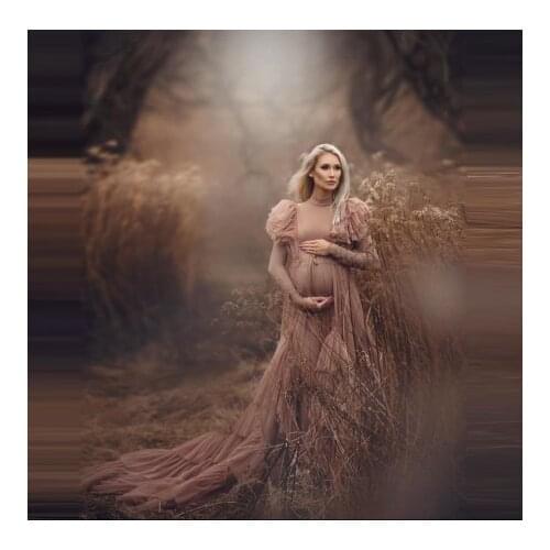 Custom Made Long Maternity Gowns Long Sleeves Ruffles Soft Tulle With Train Stretchy plus Size Pregnancy Dresses