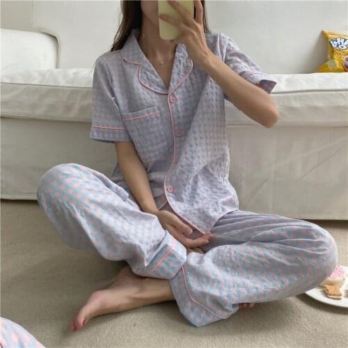 Summer Soft Cute Pijamas Women Classic Plaid Sleepwear Set Two-piece Suit Short Sleeve Shirt+trousers Lapel Pocket Loungewear