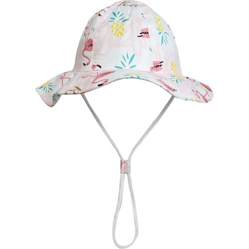 Girl Summer Sun Hat Bucket Hat Beach Pink Flamingo Wide Brim With Strap Holiday Outdoor Accessory For Kids Spring