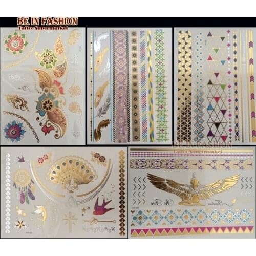 5pcs/lot Gold and Silver colored Metal temporary tattoo stickers metallic indian Arabic jewel Choker tatoos Tribal flesh sheets